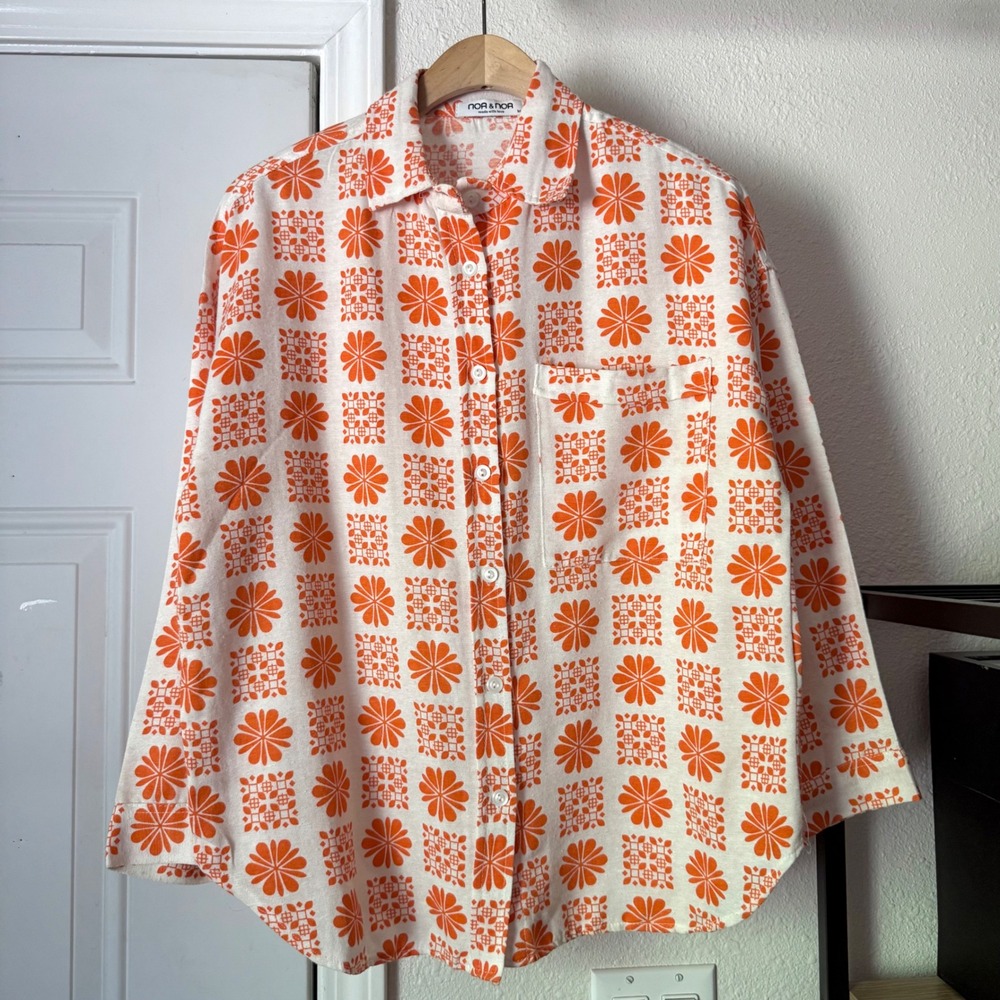 NOA NOA white orange vintage floral 60's long sleeve button up shirt